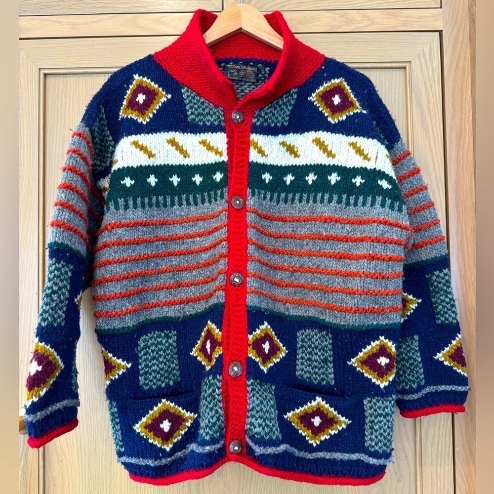 Vintage Ecuador Tejidos Hand Knit Chunky Heavy Wool Cardigan Hand Made
